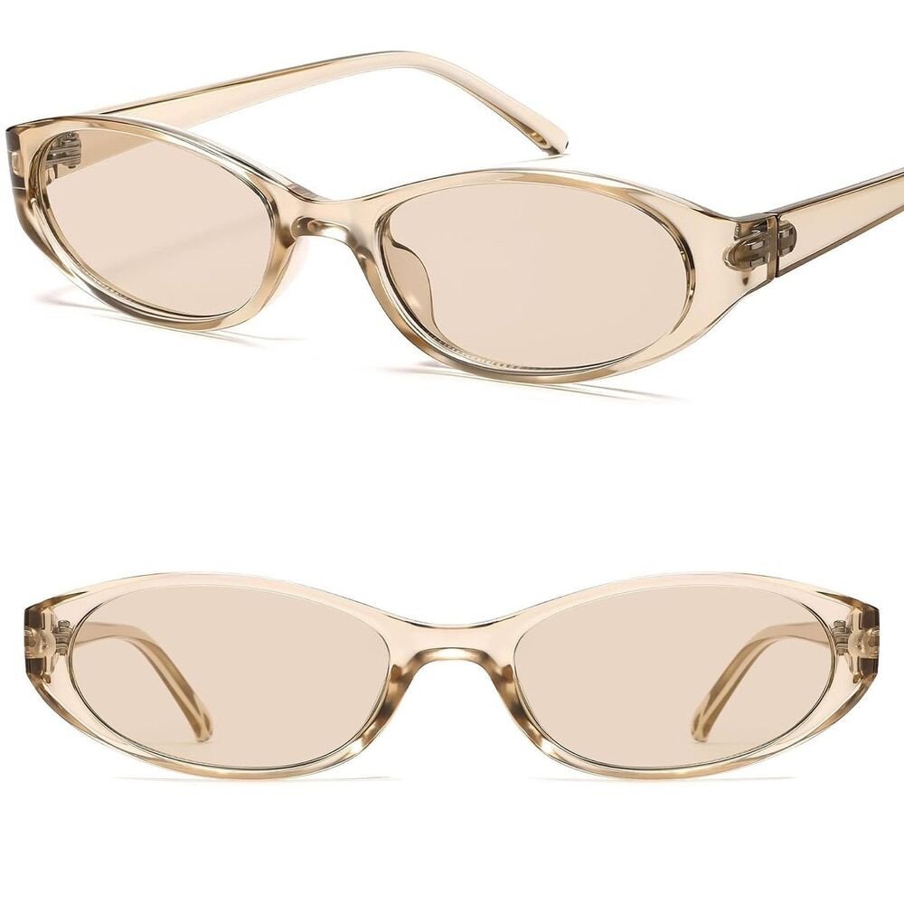Women's Narrow Cat Eye Sunglasses Champagne Frame Beige Tinted Lens Retro 90s